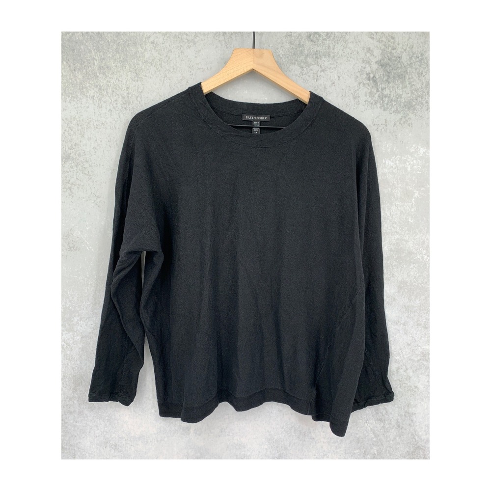 Eileen Fisher Sweater Womens Large Black Organic Linen Blend Knit Boxy Fit